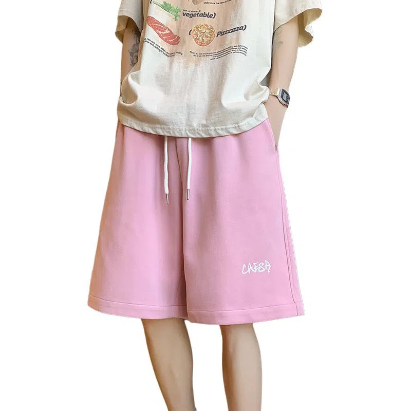 顶峰保罗 纯色简约百搭字母印花直筒五分裤美式复古潮牌宽松小众高街痞帅舒适休闲短裤 男女同款