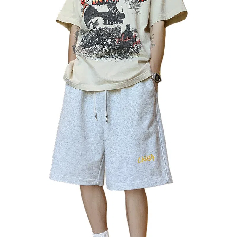 顶峰保罗 纯色简约百搭字母印花直筒五分裤美式复古潮牌宽松小众高街痞帅舒适休闲短裤 男女同款