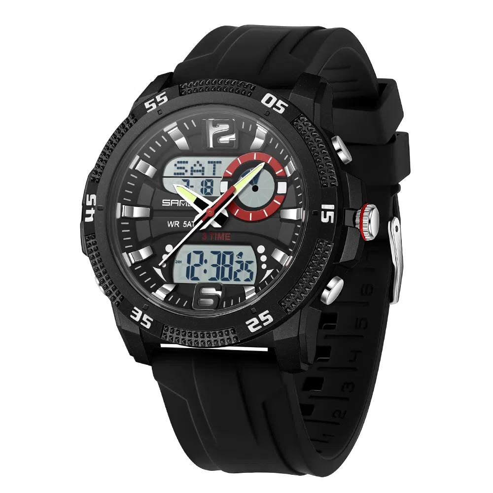 三达 潮流个性时尚百搭休闲双显示腕表 电子+石英机芯 硅胶表带 国表 男表 黑色表盘 防水夜光闹钟多功能手表