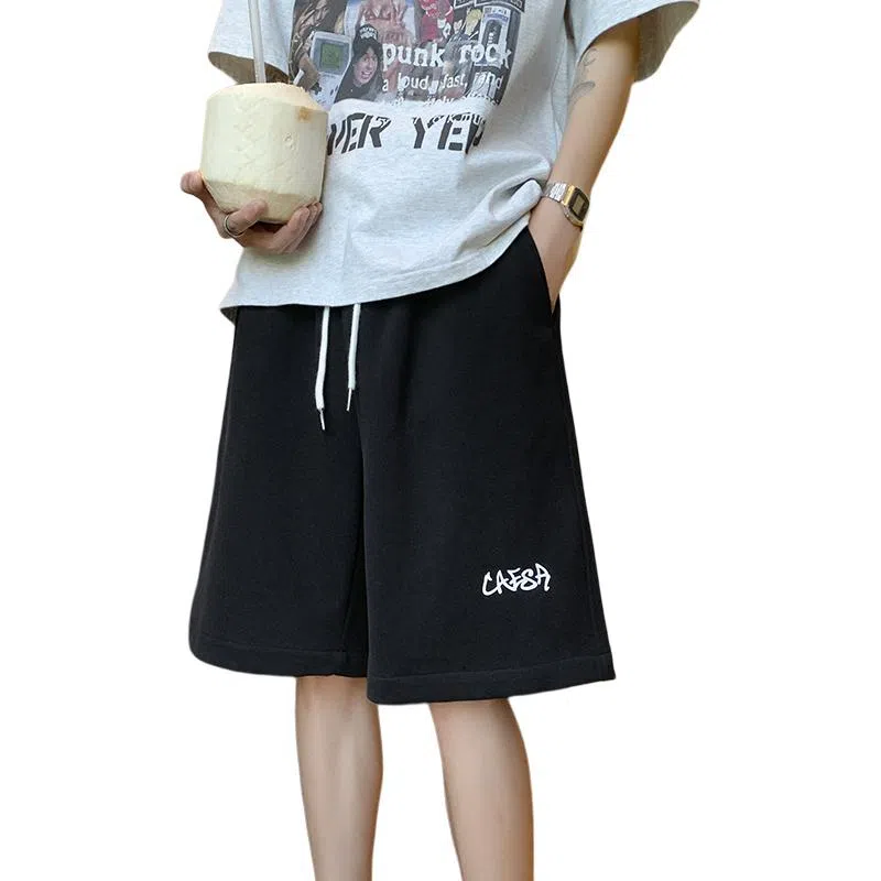 顶峰保罗 纯色简约百搭字母印花直筒五分裤美式复古潮牌宽松小众高街痞帅舒适休闲短裤 男女同款