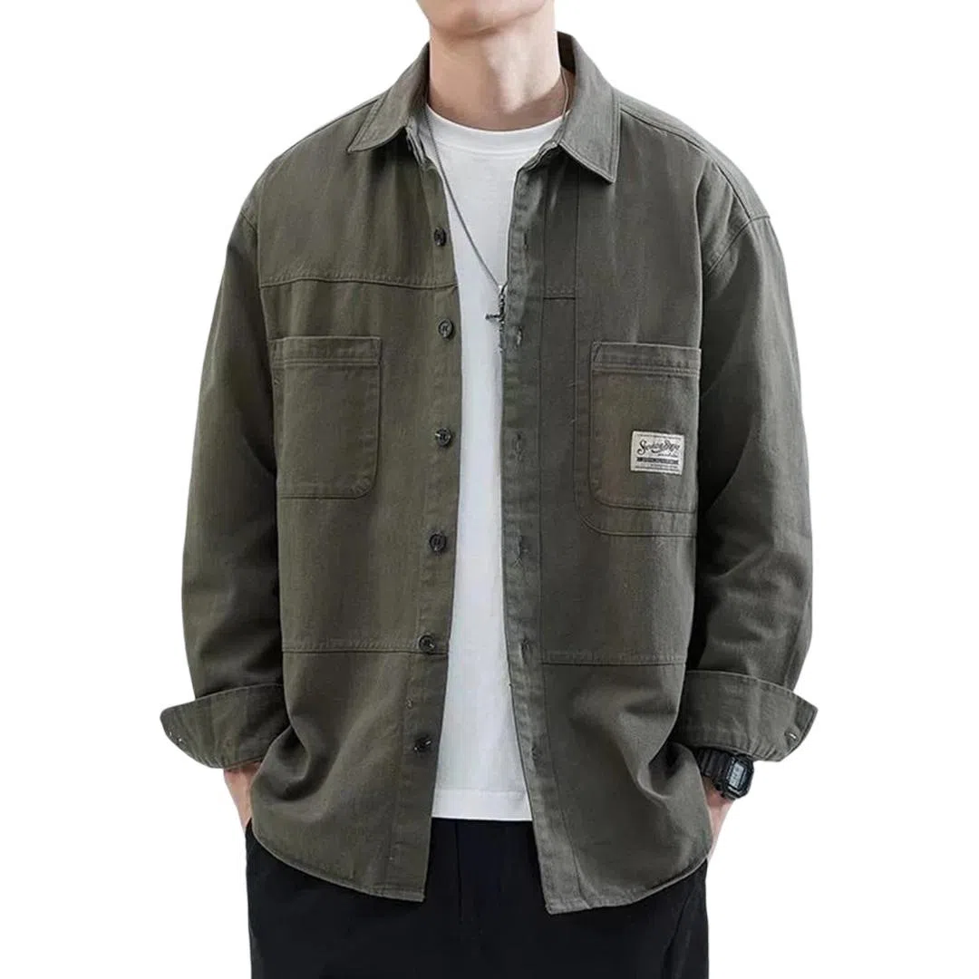 顶峰保罗 美式复古工装长袖衬衫无性别主义宽松百搭翻领开衫单排扣纯棉上衣休闲时尚潮牌夹克 男女同款