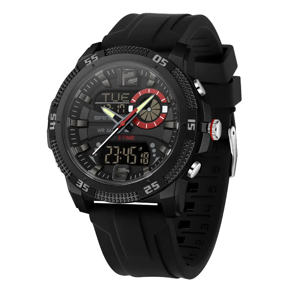三达 潮流个性时尚百搭休闲双显示腕表 电子+石英机芯 硅胶表带 国表 男表 黑色表盘 防水夜光闹钟多功能手表