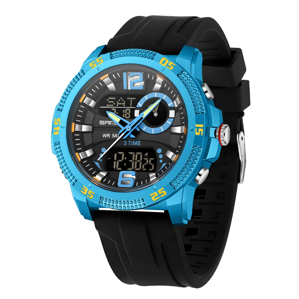 三达 潮流个性时尚百搭休闲双显示腕表 电子+石英机芯 硅胶表带 国表 男表 黑色表盘 防水夜光闹钟多功能手表