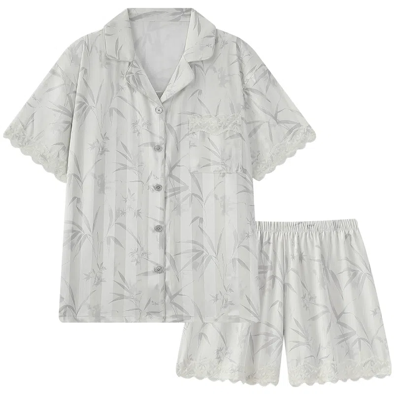 顶瓜瓜 冰丝短袖短裤翻领开衫国风竹叶条纹凉感两件套家居服夏季睡衣套装 女款