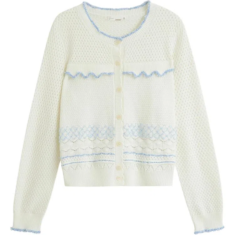 茵曼 撞色条纹镂空针织开衫长袖毛衣 女款