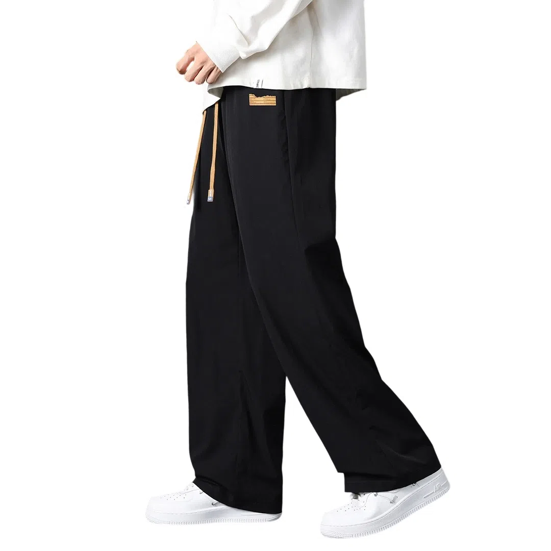 顶峰保罗 直筒阔腿运动宽松垂感潮牌垂感无性别主义显高百搭冰丝弹力抽绳显高大码基础款休闲裤 男女同款