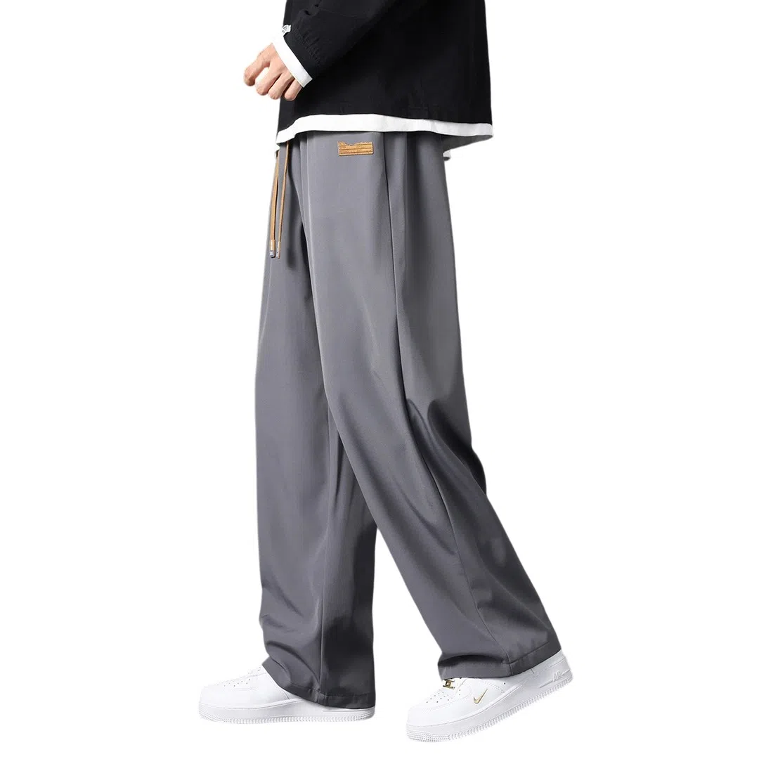 顶峰保罗 直筒阔腿运动宽松垂感潮牌垂感无性别主义显高百搭冰丝弹力抽绳显高大码基础款休闲裤 男女同款