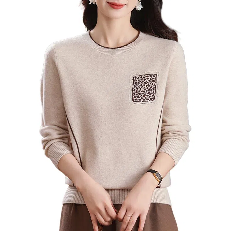 恒源祥 时尚百搭减龄圆领纯色印花质感羊毛针织衫 女款