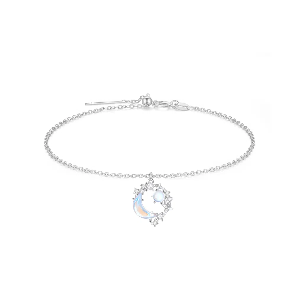 【999纯银】 福韵金 六桂福珠宝 幻梦星月 镶锆幻彩宝石星星月亮吊坠轻奢浪漫森系精致闪耀小清新设计优雅百搭锁骨链 琉璃 玉石项链 女款