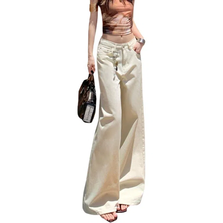 兰缪 美式高街辣妹风纯棉街头潮搭高腰显瘦时尚宽松大长腿阔腿拖地休闲直筒裤牛仔裤 女款