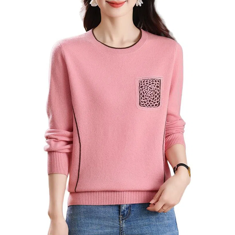 恒源祥 时尚百搭减龄圆领纯色印花质感羊毛针织衫 女款