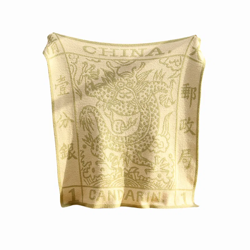 北极绒 小众国潮大龙邮票潮流复古风半边绒空调午睡办公室盖#好运 披肩 男女同款情侣款