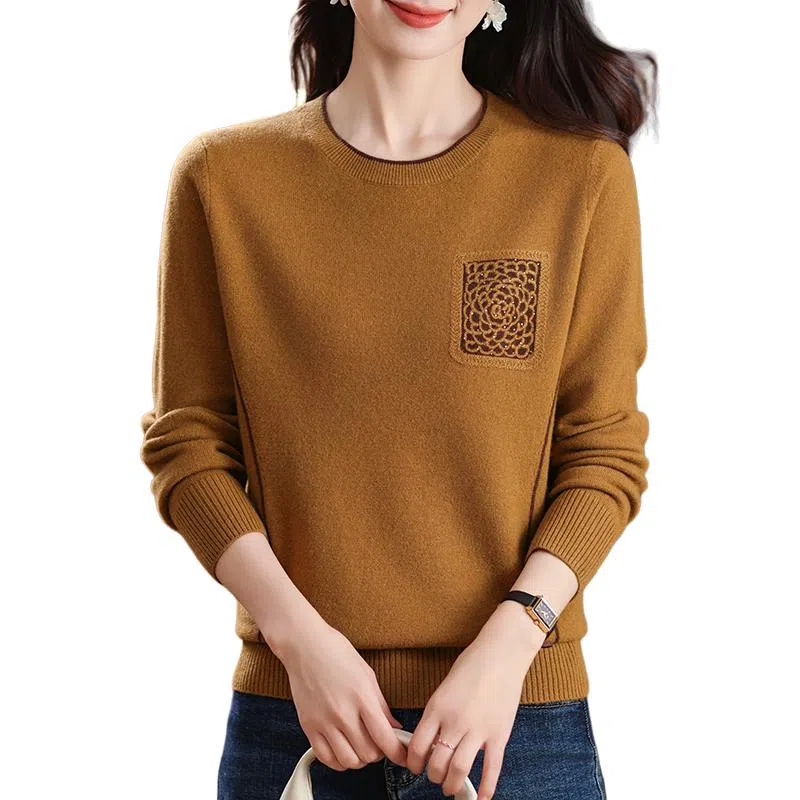 恒源祥 时尚百搭减龄圆领纯色印花质感羊毛针织衫 女款