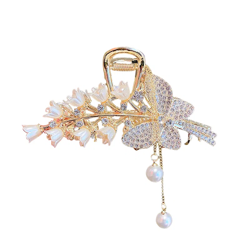 建禄 高级感蝴蝶铃兰花简约抓夹小清新小众鲨鱼夹设计优雅发饰气质通勤百搭#好运 合金 发夹 女款