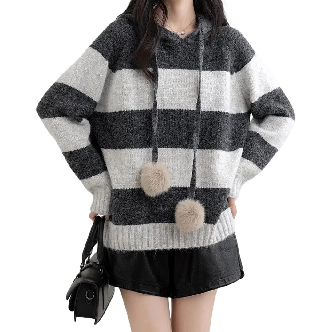 柏黛妃 条纹连帽套头宽松慵懒风针织衫 女款