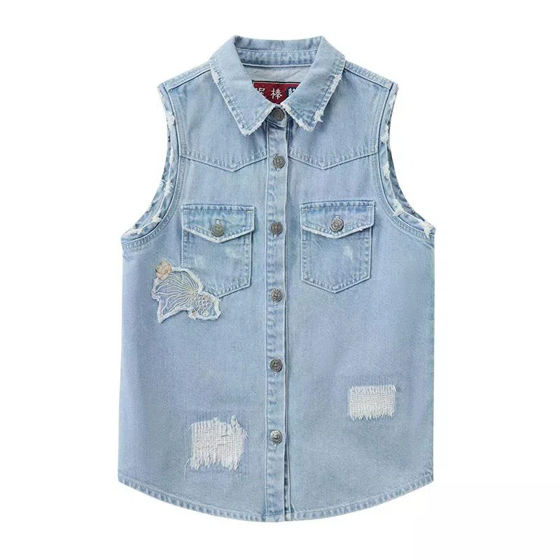 鬼洗 樱花金鱼贴布绣街头马甲牛仔外套 女款