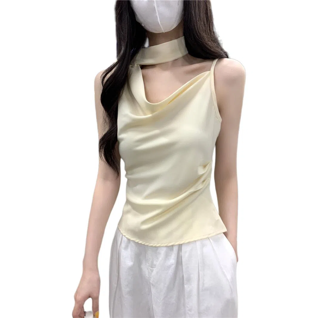 缪斯的诱惑 设计感斜肩荡领挂脖飘带女夏季气质时尚修身短款上衣吊带 女款