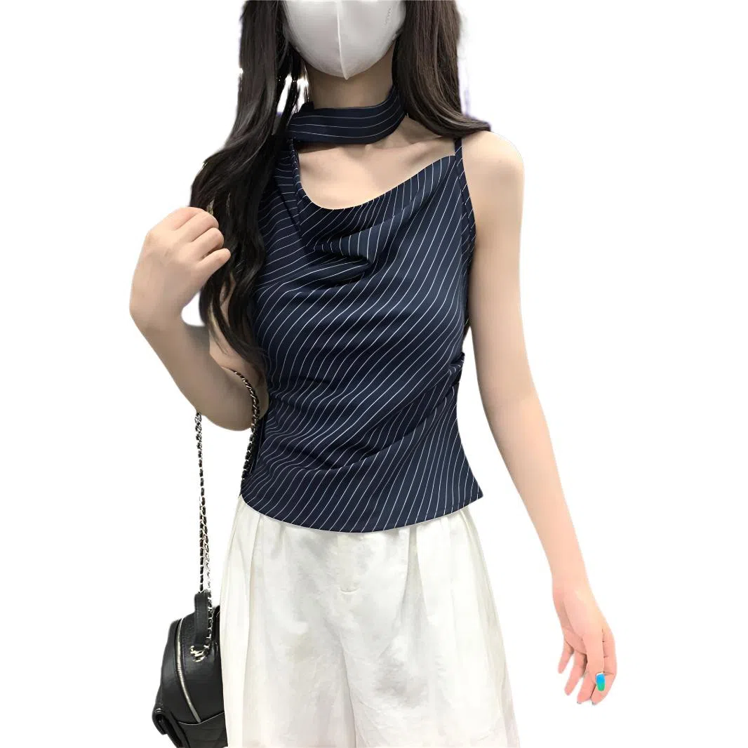 缪斯的诱惑 设计感斜肩荡领挂脖飘带女夏季气质时尚修身短款上衣吊带 女款