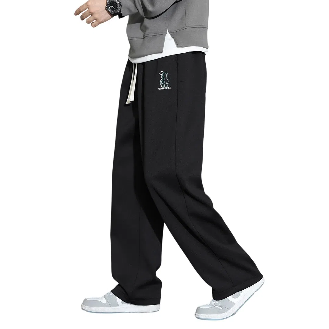 顶峰保罗 直筒百搭阔腿长裤宽松垂感舒适运动冰丝潮牌小熊刺绣侧边条纹高街无性别主义休闲裤 男女同款