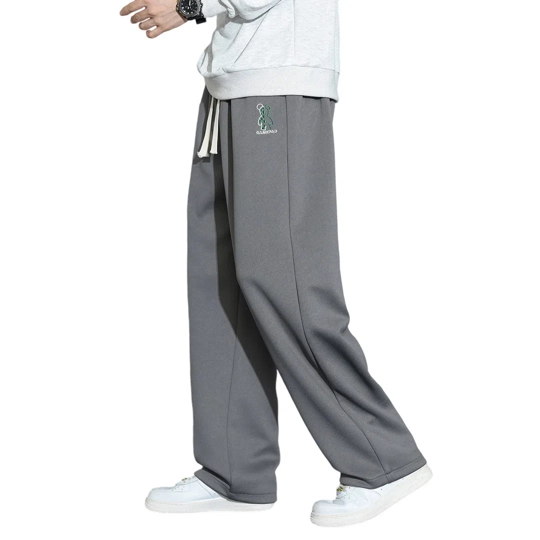 顶峰保罗 直筒百搭阔腿长裤宽松垂感舒适运动冰丝潮牌小熊刺绣侧边条纹高街无性别主义休闲裤 男女同款