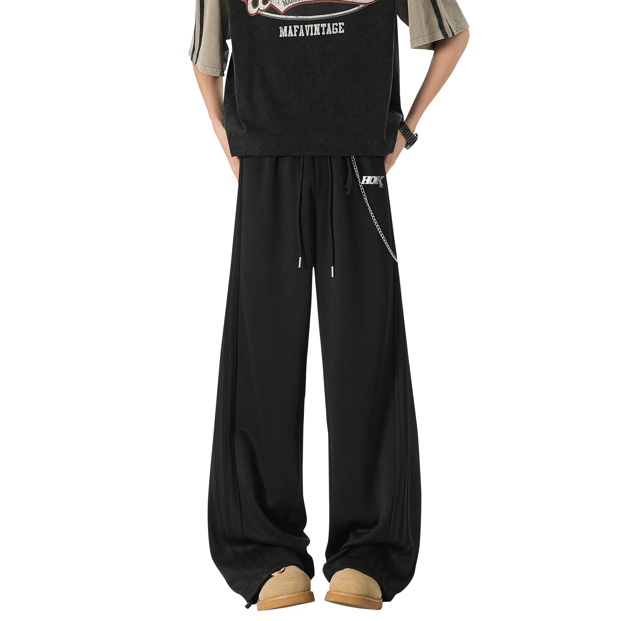 王者荣耀 美式复古纯色条杠直筒阔腿长裤宽松舒适青少年学生党休闲百搭时尚针织运动裤 标语款 男女同款