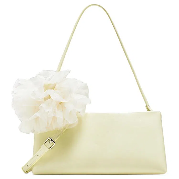 百思图 时尚潮流百搭 人造革 腋下单肩包 中号 女款 淡黄/米白色