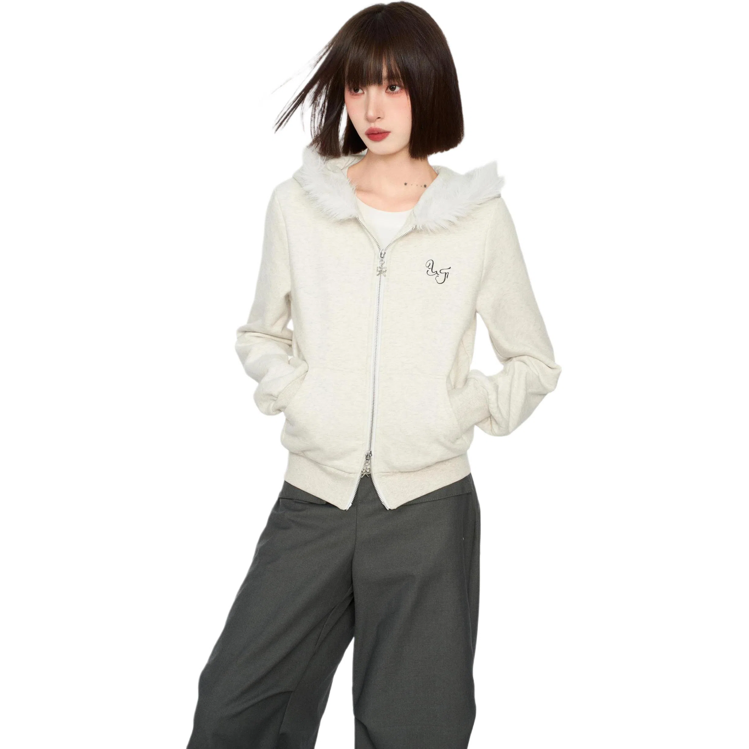 柏黛妃 简约连帽拉链舒适长袖卫衣 女款