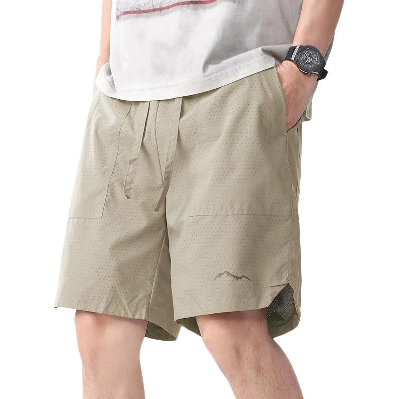 贵色 夏季 清新文艺复古学院风激光打孔冰丝速干薄款透气男士时尚潮流百搭城市机能直筒五分休闲短裤 宽松 男女同款