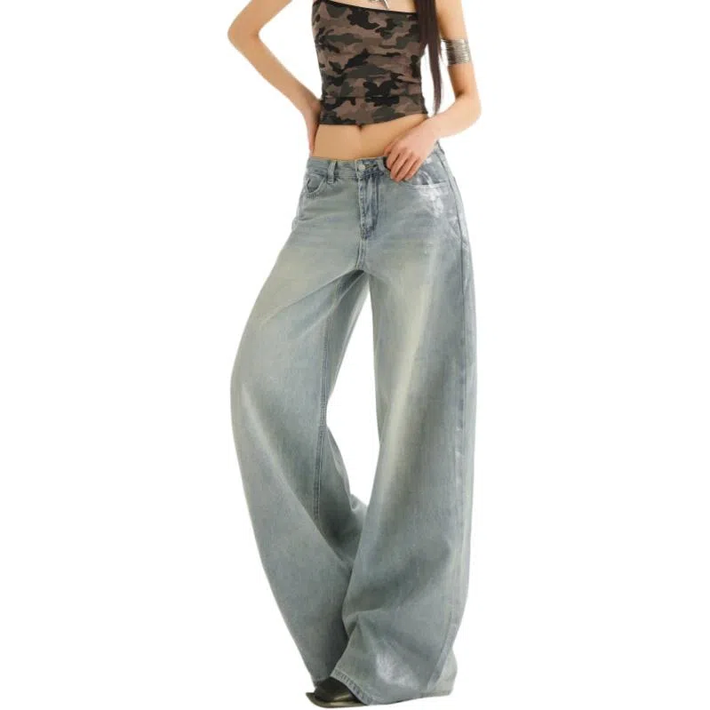 兰缪 美式设计感时尚复古水洗做旧直筒裤垂感百搭宽松高腰显瘦显高牛仔裤 女款