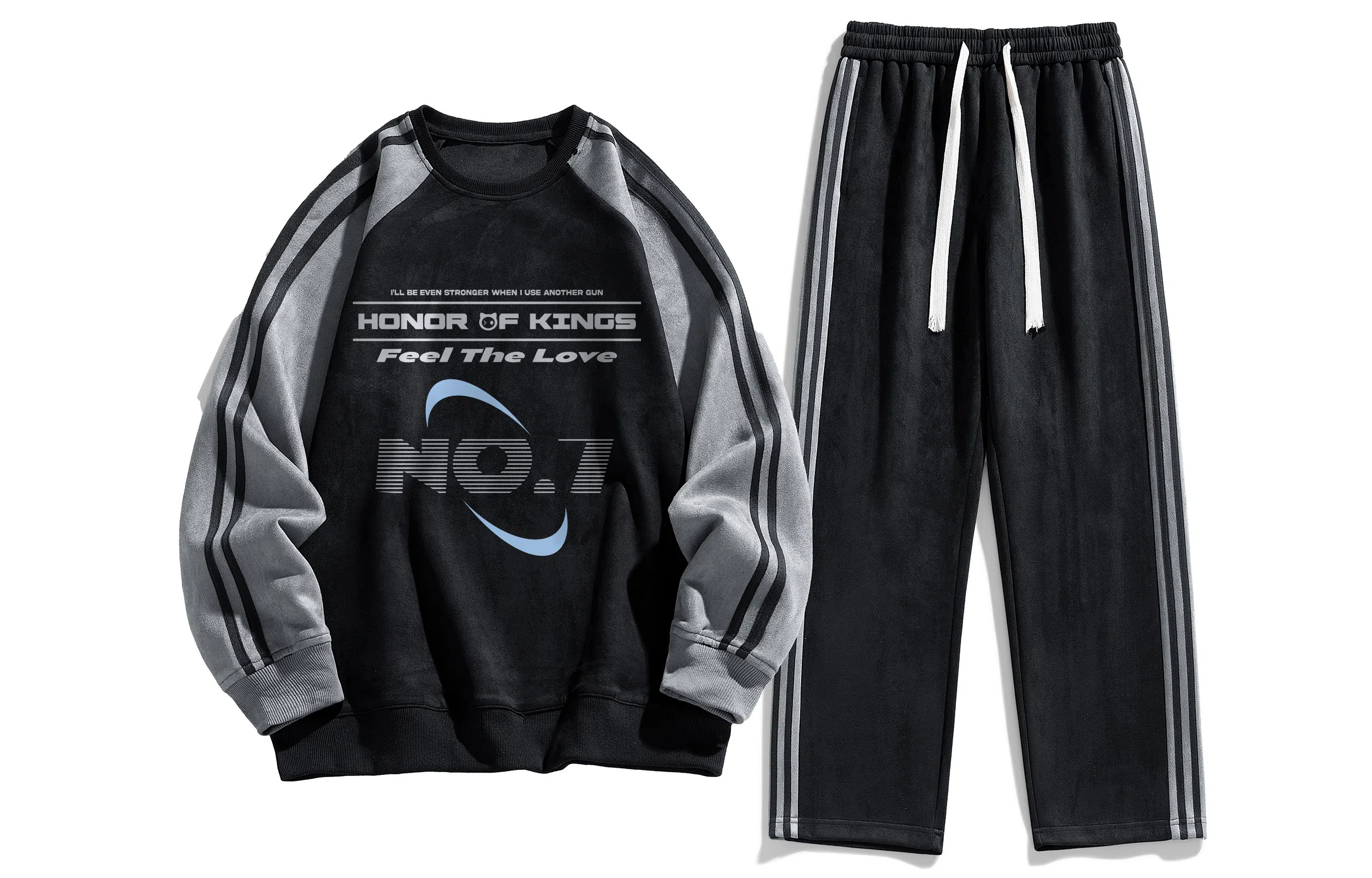 王者荣耀 鲁班七号款 美式高街拼接撞色条杠圆领长袖上衣时尚百搭宽松舒适长裤休闲运动套装 男女同款