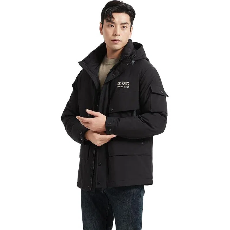 古鲨 户外时尚工装连帽中长款外套羽绒服 男款