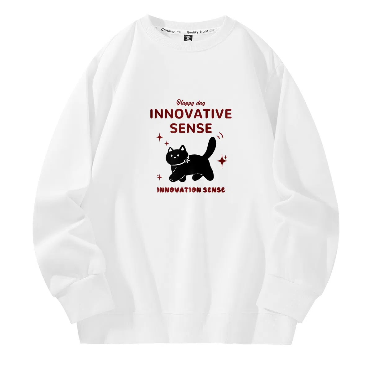 棉致 领结小猫简约纯色复古休闲柔软抗皱舒适基础百搭美式街头宽松落肩套头圆领卫衣 男女同款