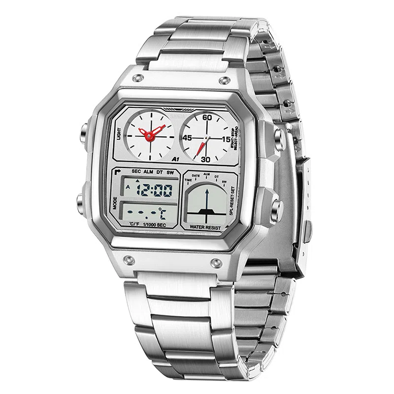 三达 简约大气复古方块腕表 双显示测温三地时间 电子+石英机芯 钢表带 国表 男表 黑色表盘 防水