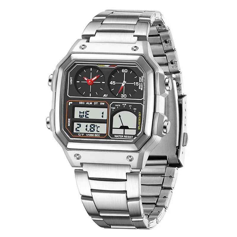 三达 简约大气复古方块腕表 双显示测温三地时间 电子+石英机芯 钢表带 国表 男表 黑色表盘 防水