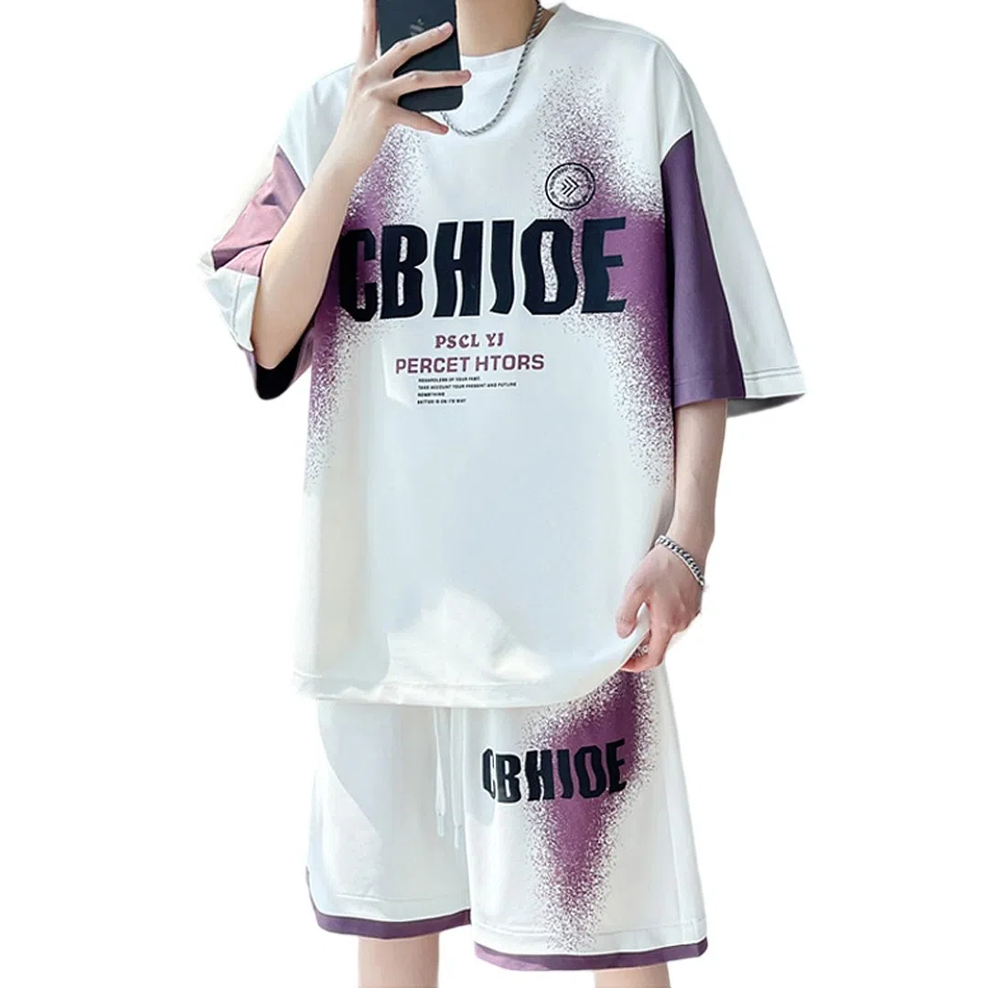 顶峰保罗 冰丝圆领字母印花百搭宽松潮牌学院风无性别主义休闲运动套装 男女同款