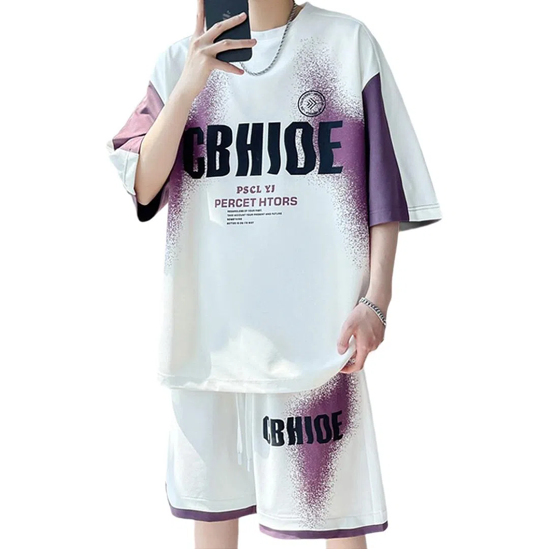 顶峰保罗 冰丝圆领字母印花百搭宽松潮牌学院风无性别主义休闲运动套装 男女同款