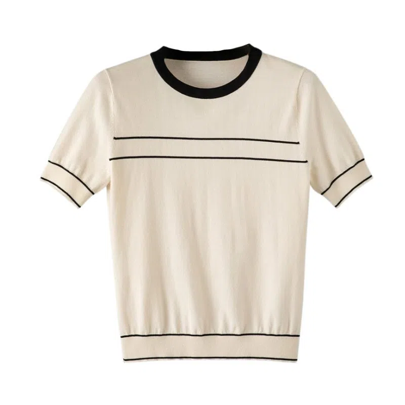 晚白 通勤简约圆领短袖针织衫 女款