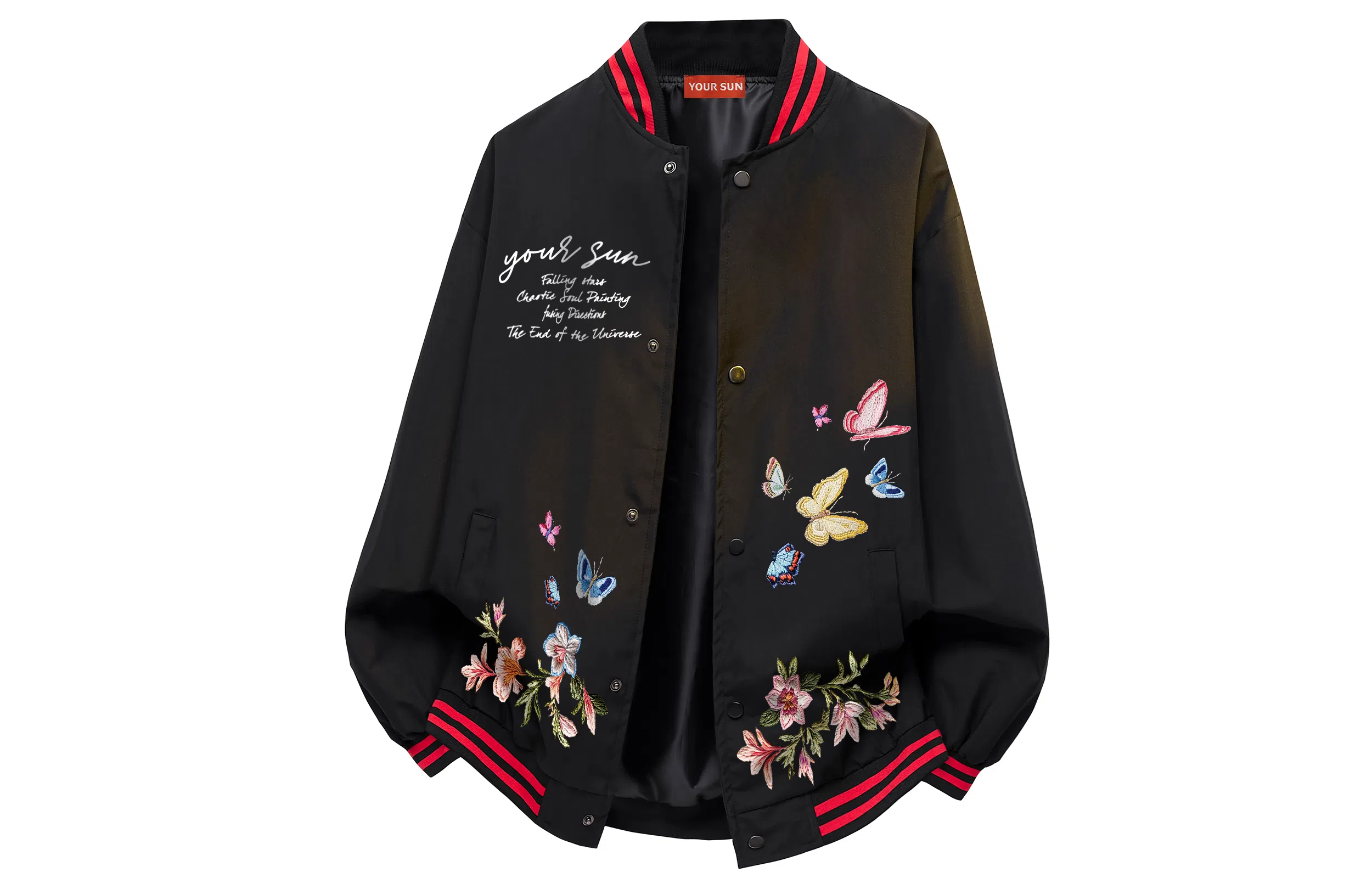 宜而爽  美式高街复古潮流仿刺绣蝴蝶植物花卉字母印花高级感条纹拼接撞色飞行员夹克外套宽松休闲舒适百搭单排扣棒球服 男女同款