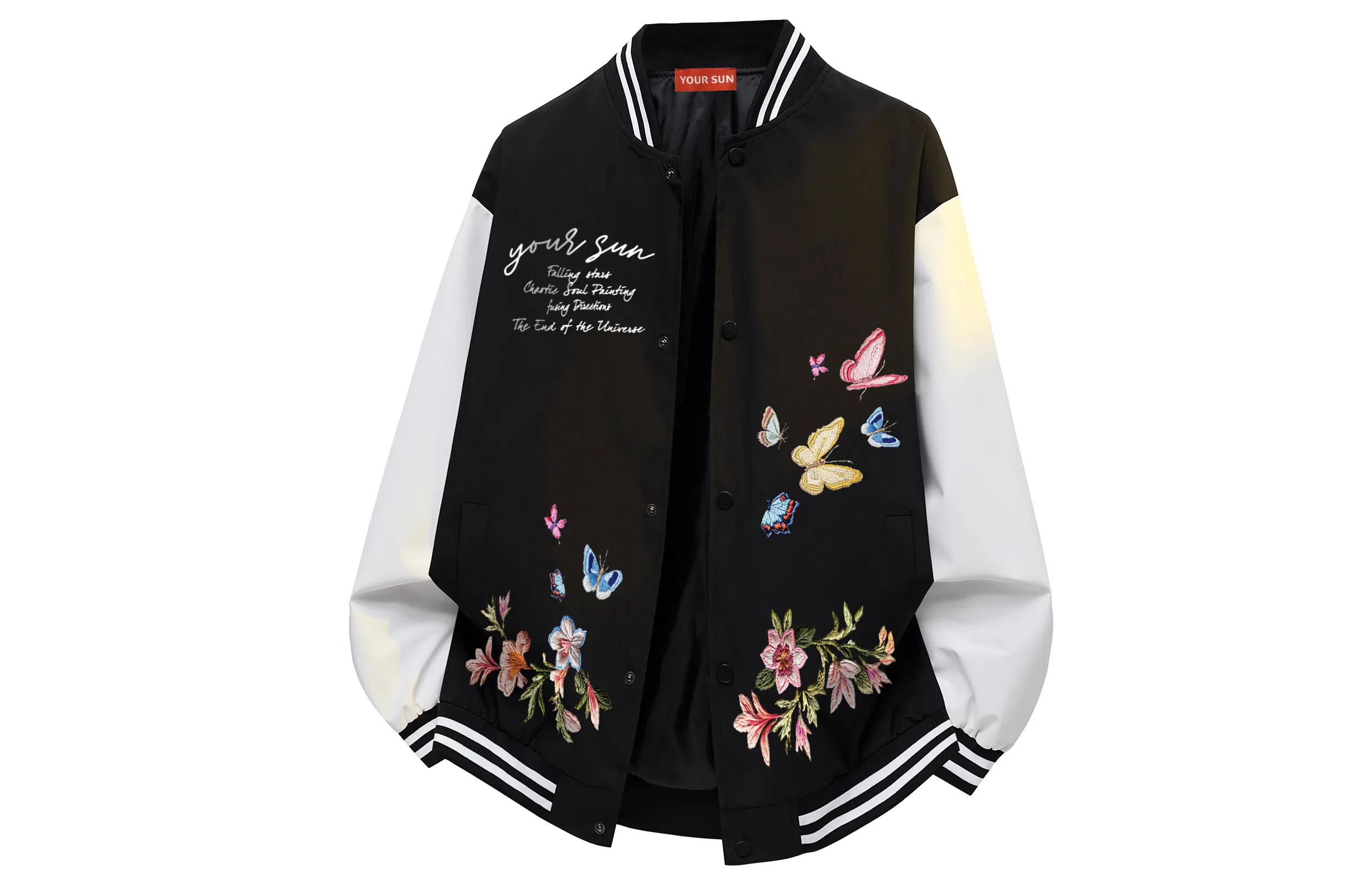 宜而爽  美式高街复古潮流仿刺绣蝴蝶植物花卉字母印花高级感条纹拼接撞色飞行员夹克外套宽松休闲舒适百搭单排扣棒球服 男女同款