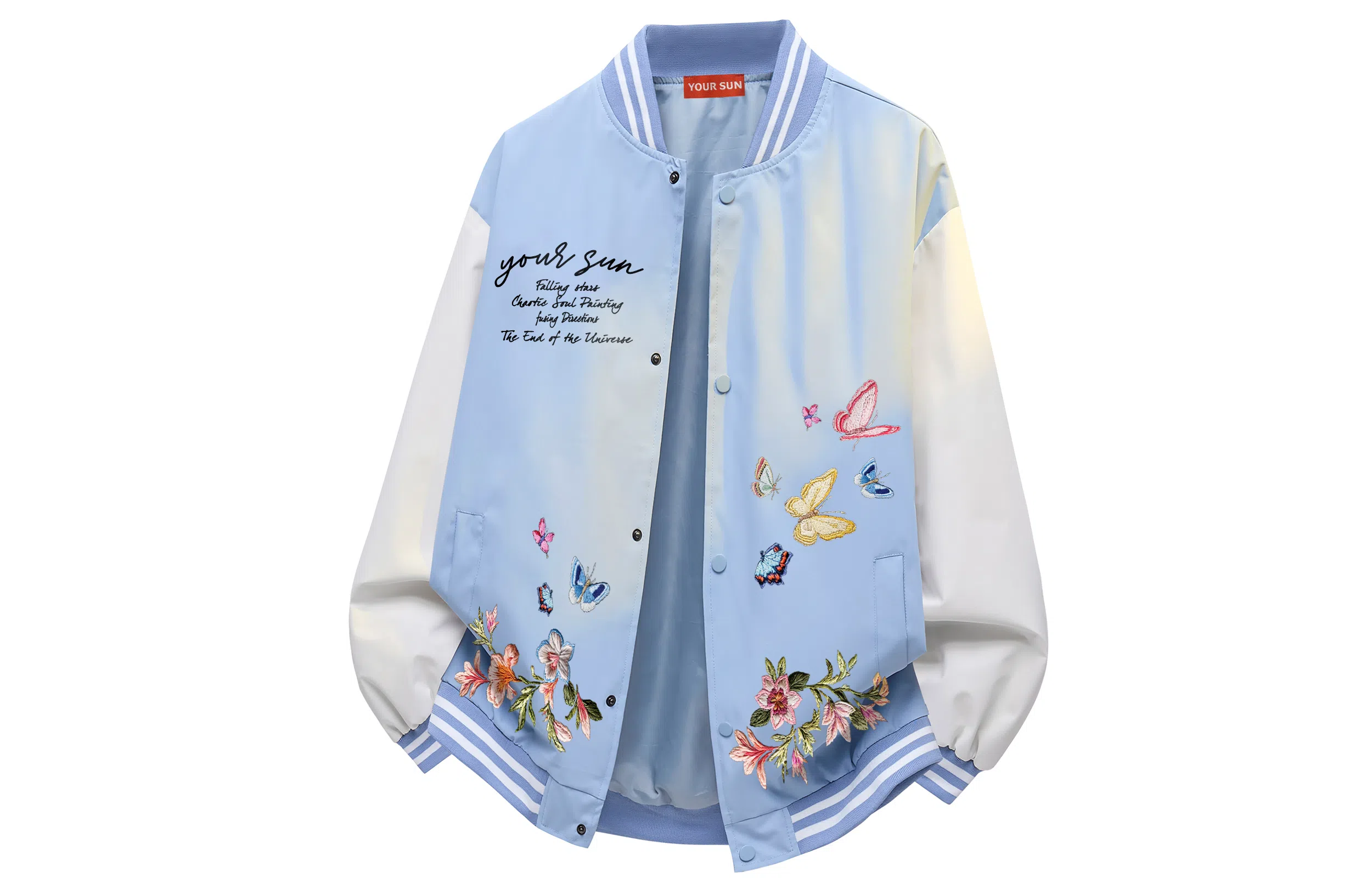 宜而爽  美式高街复古潮流仿刺绣蝴蝶植物花卉字母印花高级感条纹拼接撞色飞行员夹克外套宽松休闲舒适百搭单排扣棒球服 男女同款