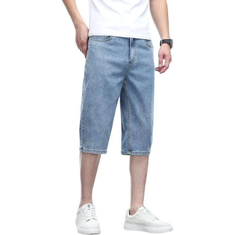 羽浅 夏季时尚莱赛尔天丝七分裤潮流浅色百搭中裤子潮牌宽松直筒牛仔短裤 男款
