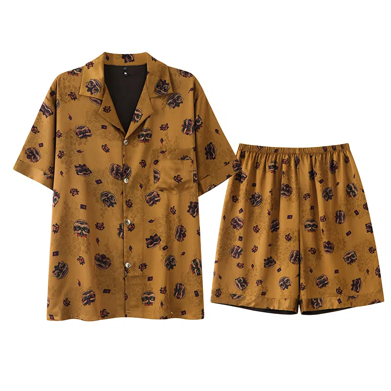 夏芬妍 高级感轻奢复古舞狮印花冰雪丝翻领家居服舒适休闲短袖短裤凉感时尚可外穿夏季睡衣套装 男款