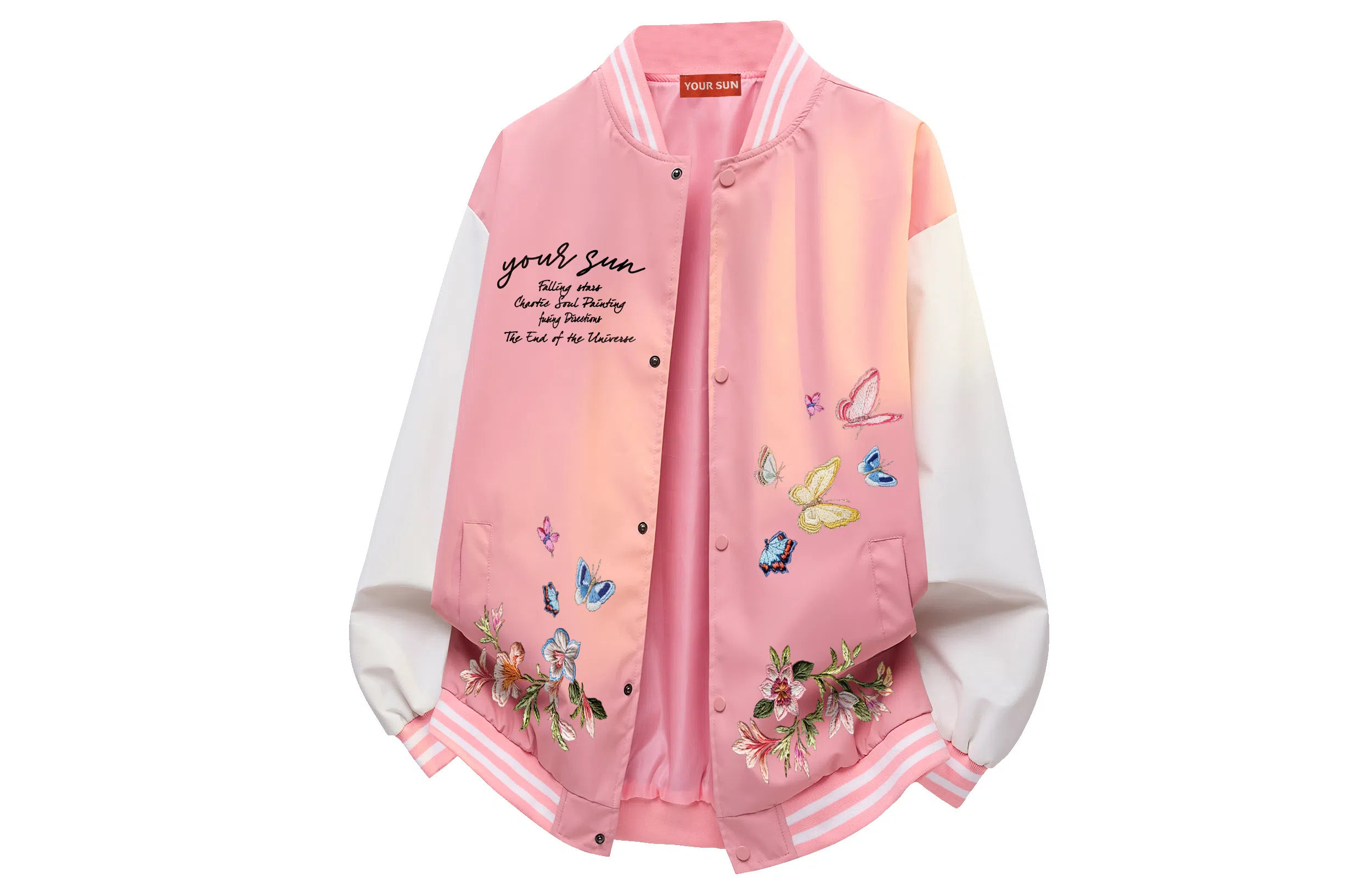 宜而爽  美式高街复古潮流仿刺绣蝴蝶植物花卉字母印花高级感条纹拼接撞色飞行员夹克外套宽松休闲舒适百搭单排扣棒球服 男女同款