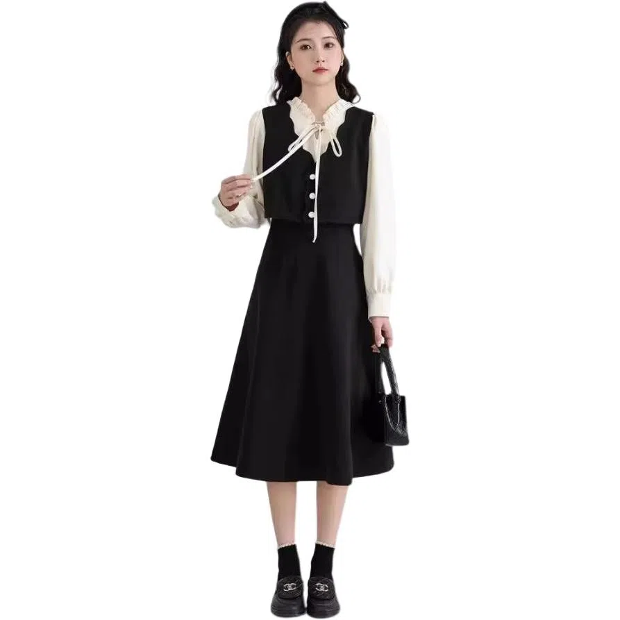 柏黛妃 法式中长款系带拼接假两件长袖连衣裙 女款