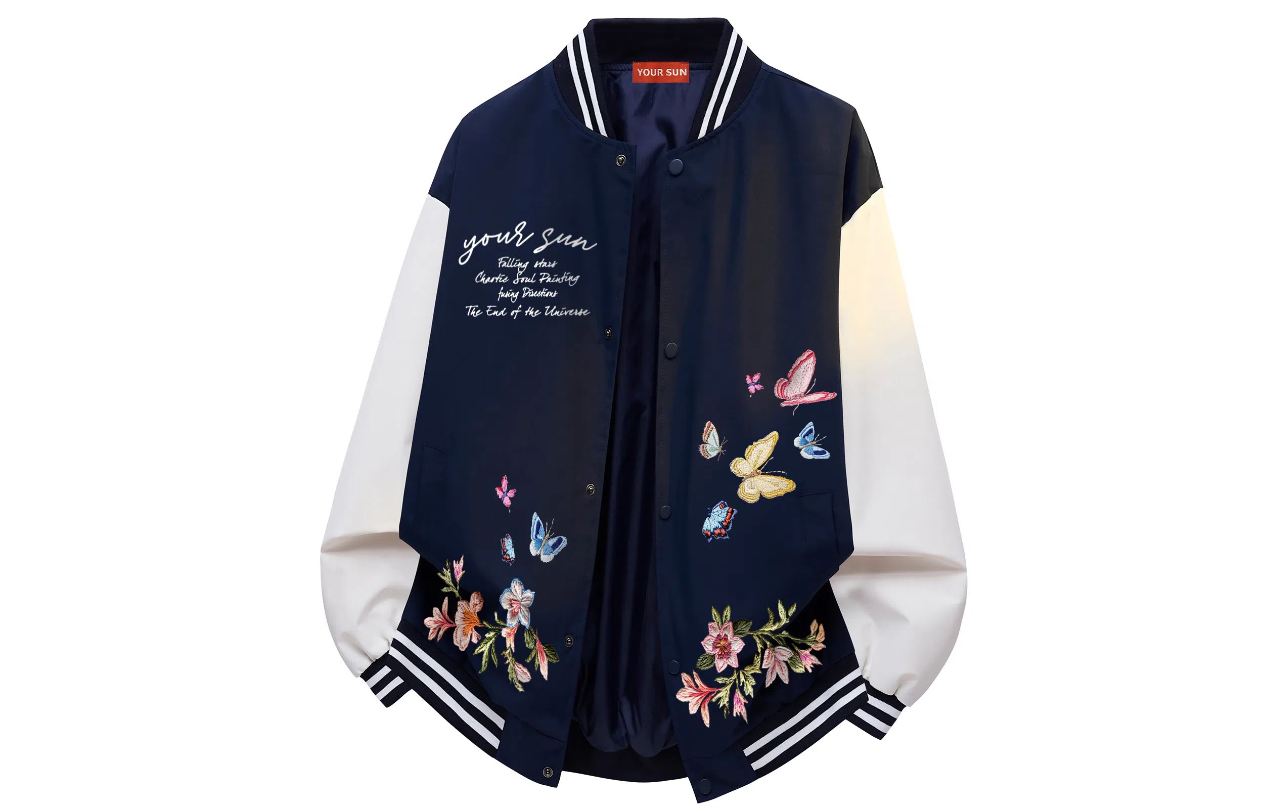 宜而爽  美式高街复古潮流仿刺绣蝴蝶植物花卉字母印花高级感条纹拼接撞色飞行员夹克外套宽松休闲舒适百搭单排扣棒球服 男女同款