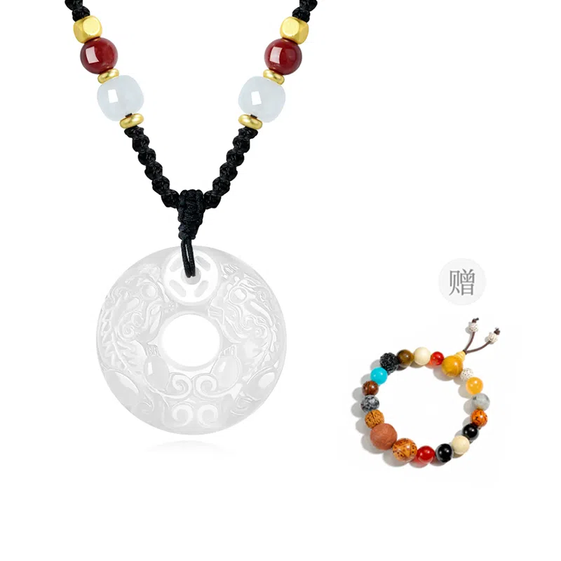 【好运招财】中国黄金 珍·尚银 吞金貔貅平安扣吊坠 聚福纳财转运珠 小众轻奢百搭招财好运 编绳款女礼盒 玉髓 玉石项链 男女同款情侣款