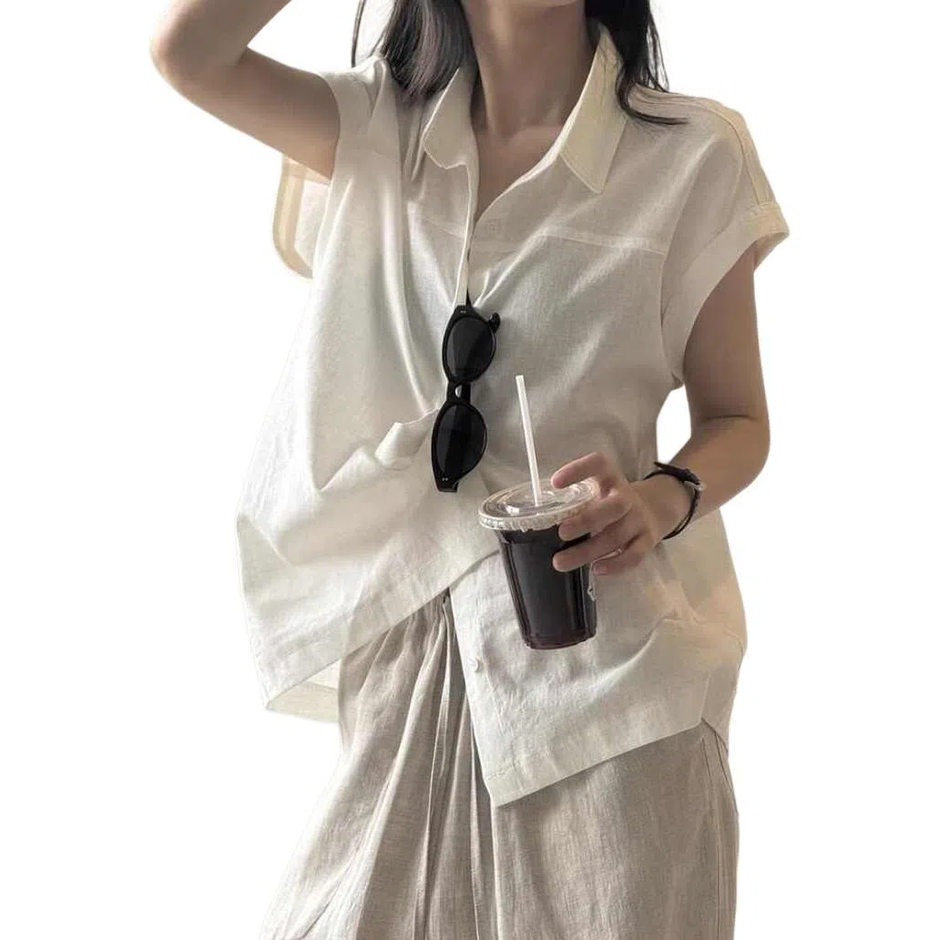 水中花 韩系飞飞袖夏季设计感小众法式上衣高级感复古小衫无袖衬衫 女款