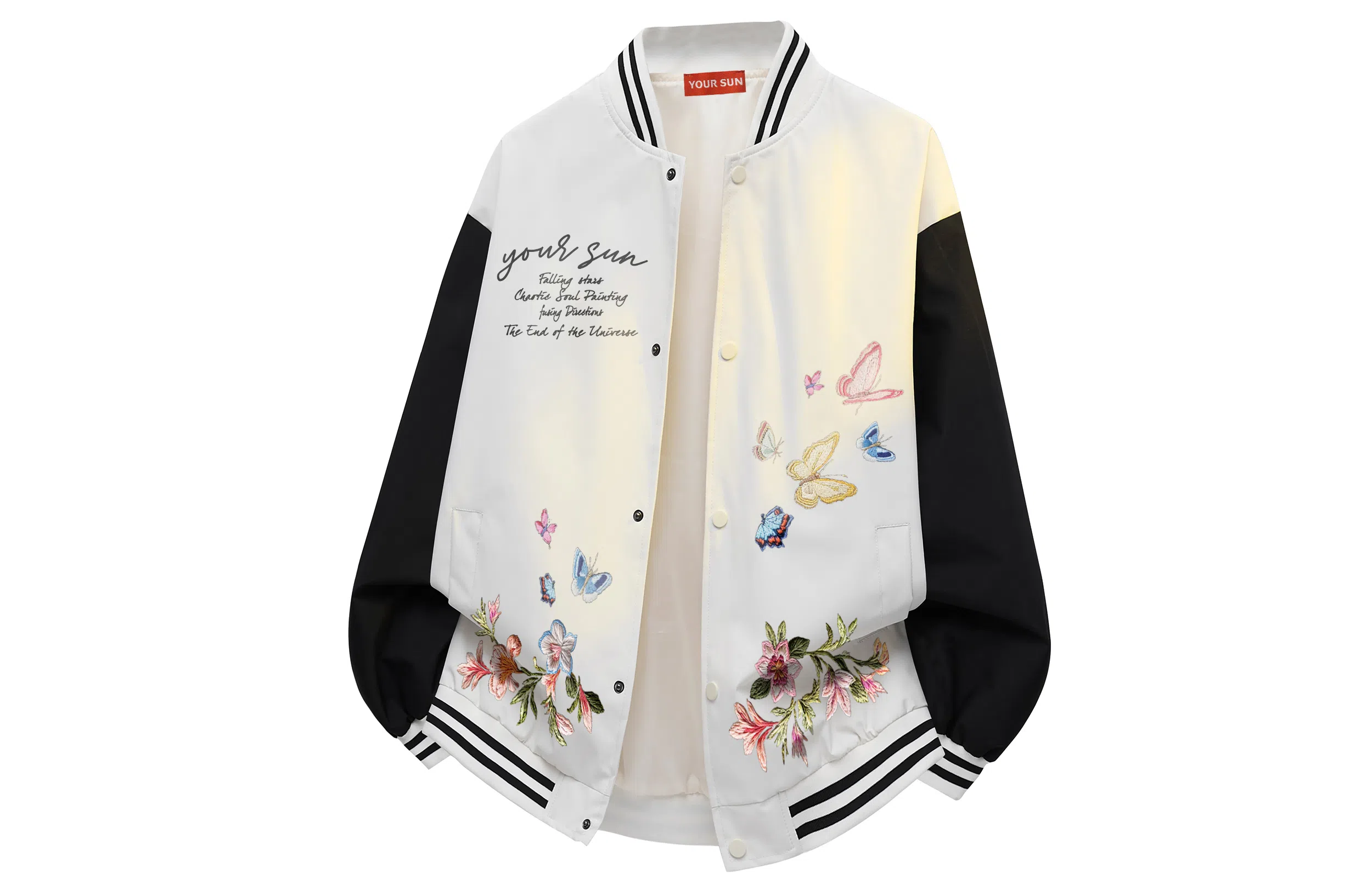 宜而爽  美式高街复古潮流仿刺绣蝴蝶植物花卉字母印花高级感条纹拼接撞色飞行员夹克外套宽松休闲舒适百搭单排扣棒球服 男女同款