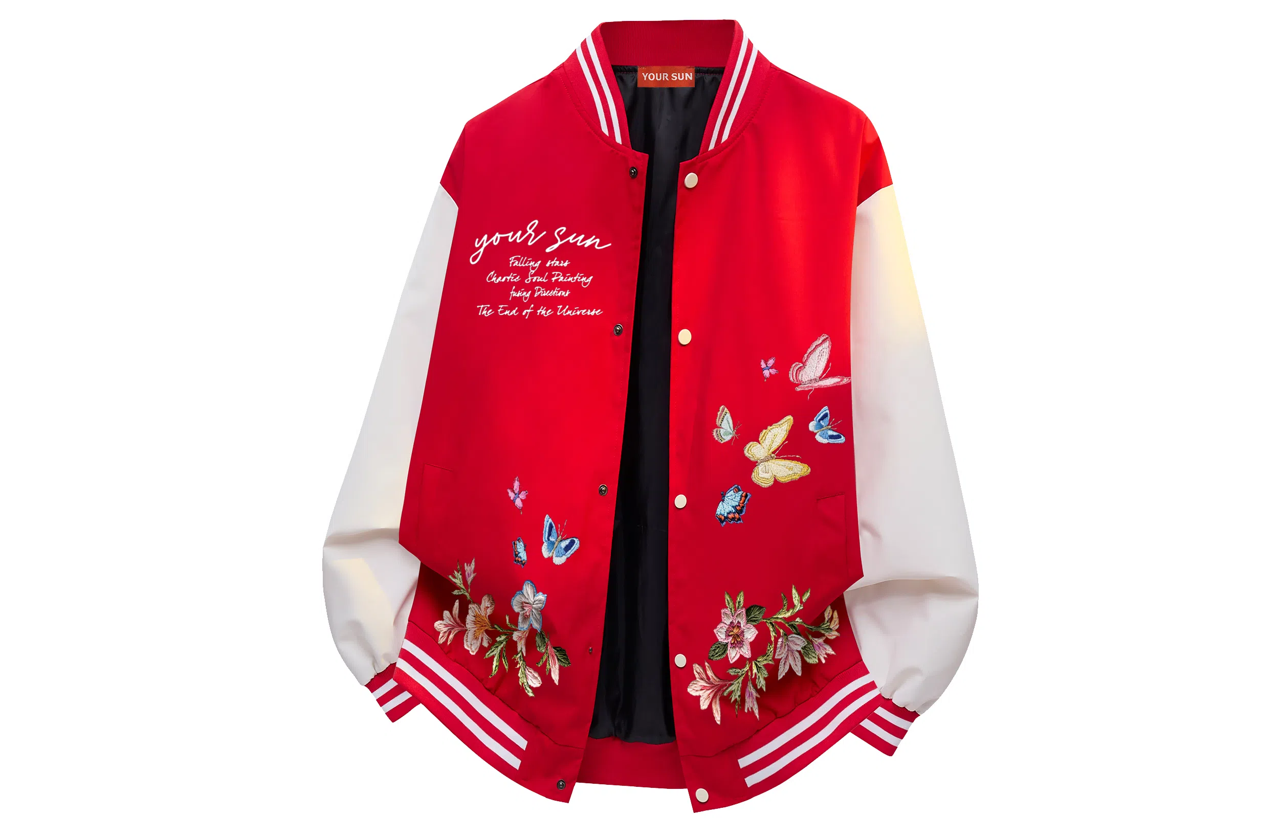 宜而爽  美式高街复古潮流仿刺绣蝴蝶植物花卉字母印花高级感条纹拼接撞色飞行员夹克外套宽松休闲舒适百搭单排扣棒球服 男女同款