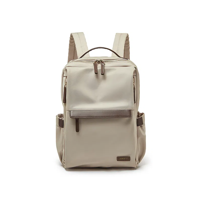 老人头 简约时尚百搭高中大学通勤旅行出差背包 织物拼合成革 双肩包 女款 果仁杏